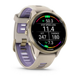 Garmin Forerunner 970  Soft Gold Titanium with French Gray Case and French Gray Translucent Indigo Band